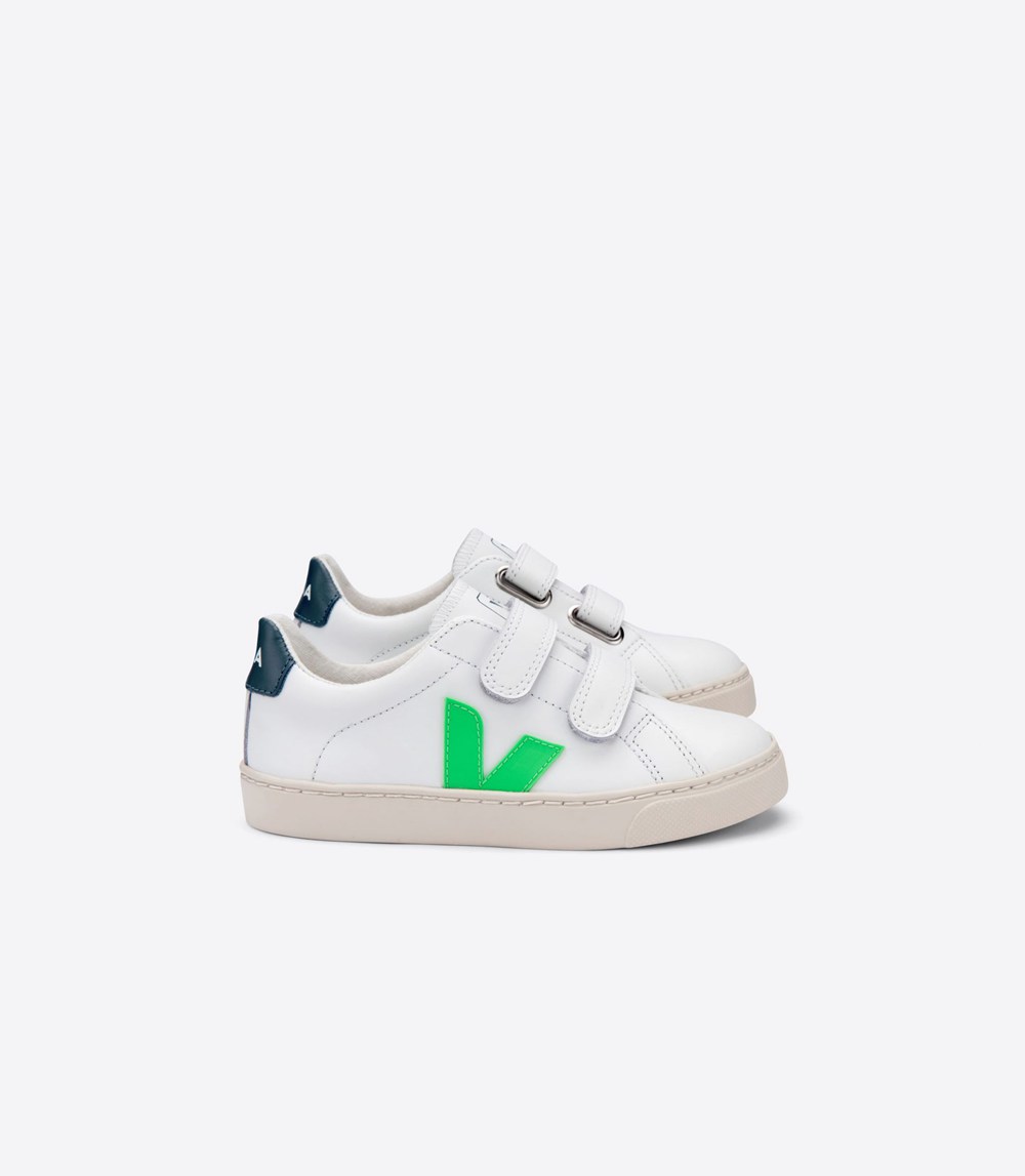 Veja Trainers Kids White/Green - Esplar Velcro Leather - DCHA-08361